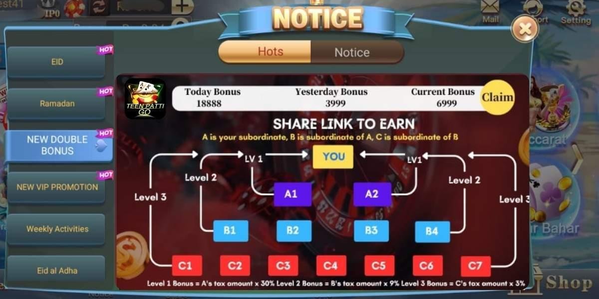 3 Patti Go daily bonus notice showing referral levels with 30% Level 1, 9% Level 2, and 3% Level 3 bonuses for sharing links.