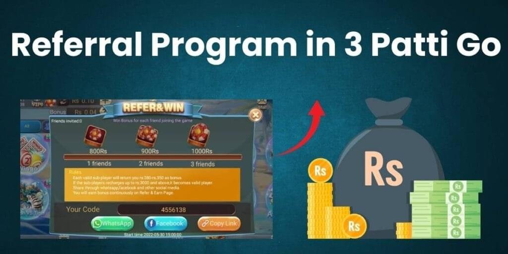 3 Patti Go referral program screen showing bonus rewards for inviting friends, with earning options and code sharing buttons.