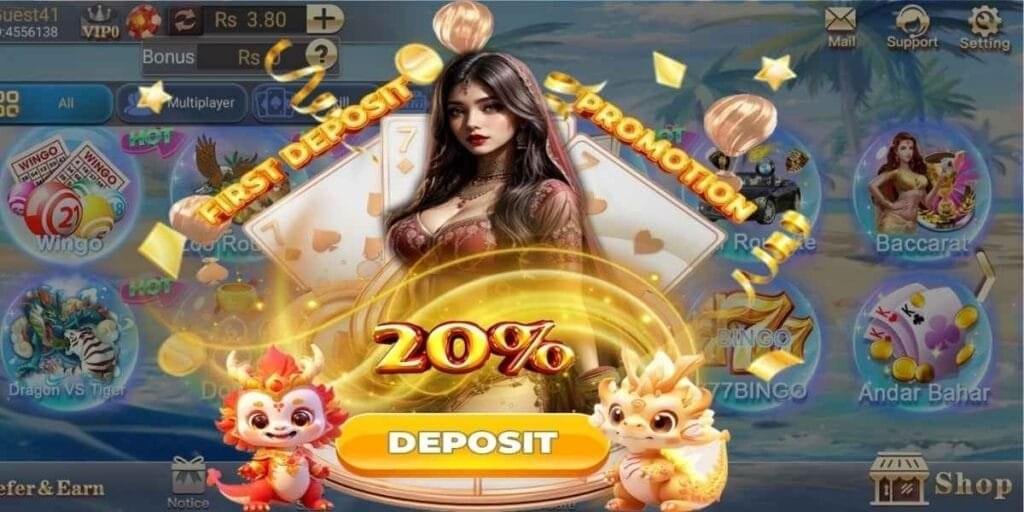 Teen Patti Go home page with 'First Deposit 20% Promotion' banner, games like Wingo and Roulette
