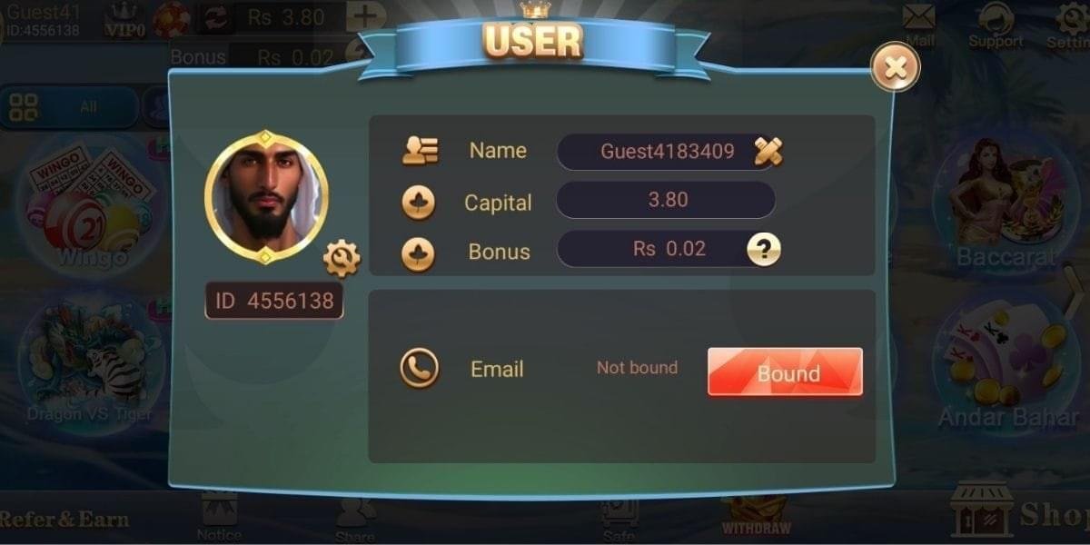 Download Teen Patti Go in Pakistan Teen Patti Go user profile screen showing Guest4183409 with ID 4556138, Rs 3.80 capital, and 'Bound' button to link email.