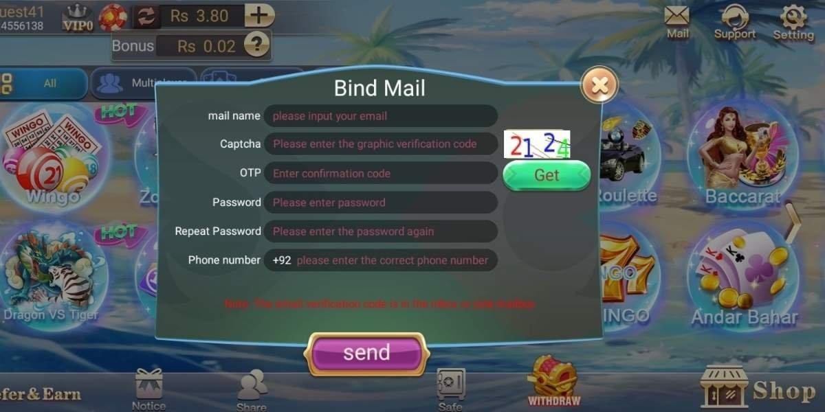 Download Teen Patti Go in Pakistan Teen Patti Go sign-up form for email binding with fields for email, captcha (2124), OTP, password, and phone number (+92).