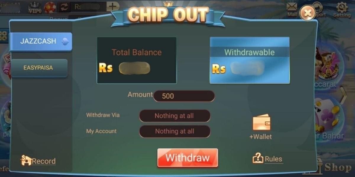 Download Teen Patti Go in Pakistan Teen Patti Go withdraw form showing 'Chip Out' screen with JazzCash and Easypaisa options, 500 PKR amount, and Withdraw button.