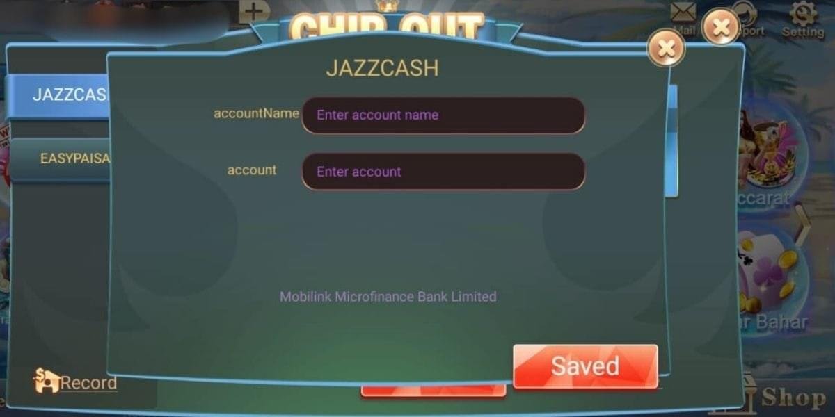 Download Teen Patti Go in Pakistan Teen Patti Go JazzCash withdrawal screen with fields to enter account name and number for Chip Out.